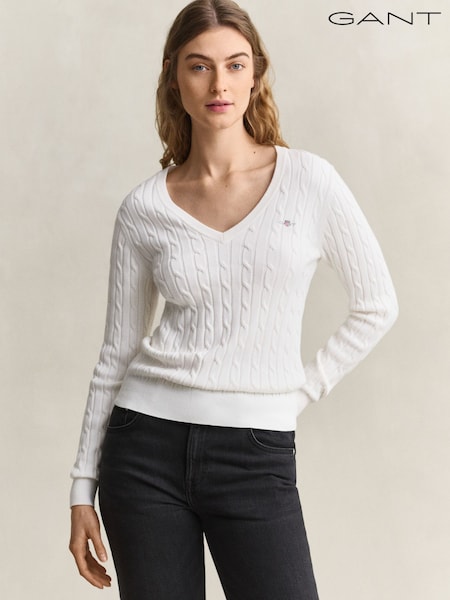 Bílá - Gant Stretch Cotton Cable Knit V-neck Jumper