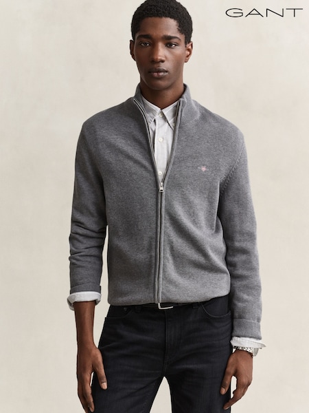 Grey - Regular Gant Zip Through Knit Cardigan