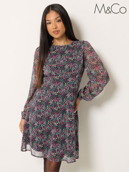 Melns - M&co Petite Ditsy Long Sleeve Chiffon Dress