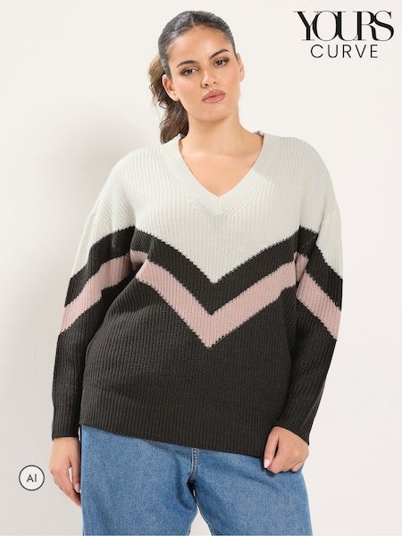 Brown - Yours Curve V Neck Colourblock Jumper