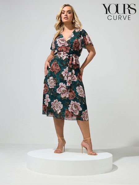 Green - Yours Curve Floral Wrap Dress