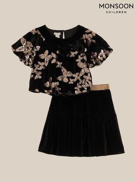 Black - Monsoon Sequin Butterfly Velvet Top & Skirt Set