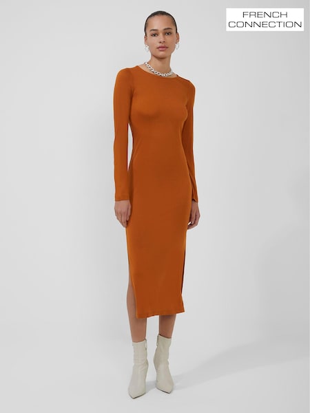 French Connection Brown Solid Meadow Jersey Long-Sleeve Dress (A11584) | €41.50