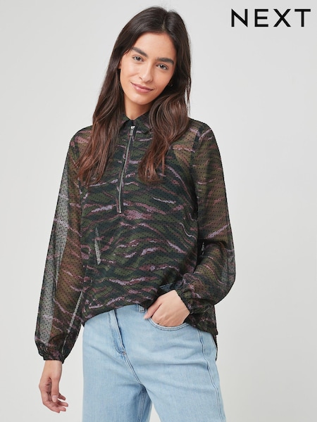 Kaki zelena zebrasta - Zip Neck Longline Blouse (A11913) | € 7