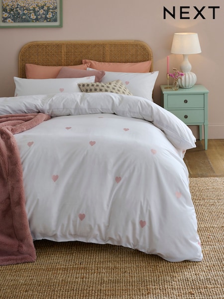 White With Pink Hearts Embroidered Duvet Cover and Pillowcase Set (A13753) | €44 - €78