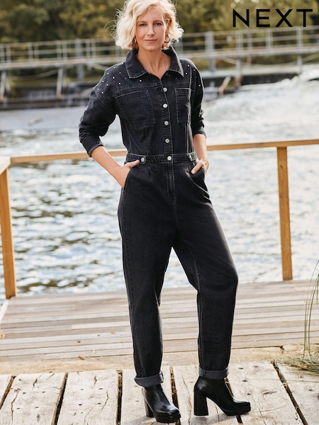 Черный - Savannah Miller Stud Detail Denim Boilersuit (A14277) | €15