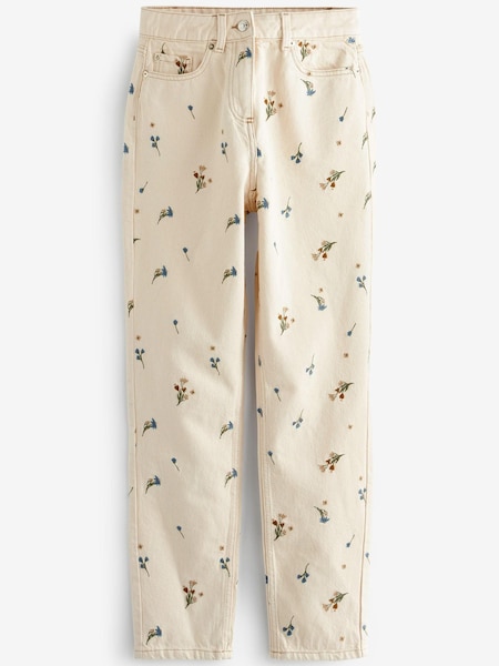 Ecru Cream Ditsy Floral Embroidered Mom Jeans (A14491) | €9