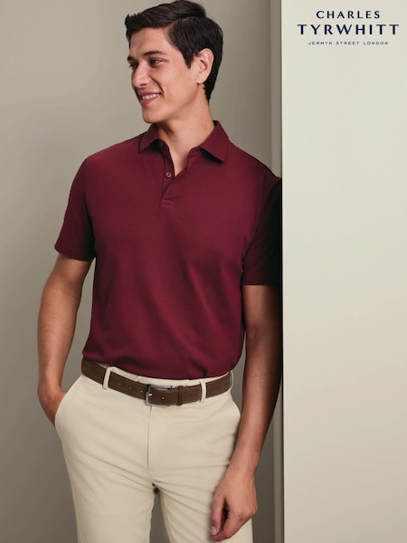 Red - Regular Charles Tyrwhitt Shorts Sleeve Cotton Stretch Smart Pique Polo Shirt