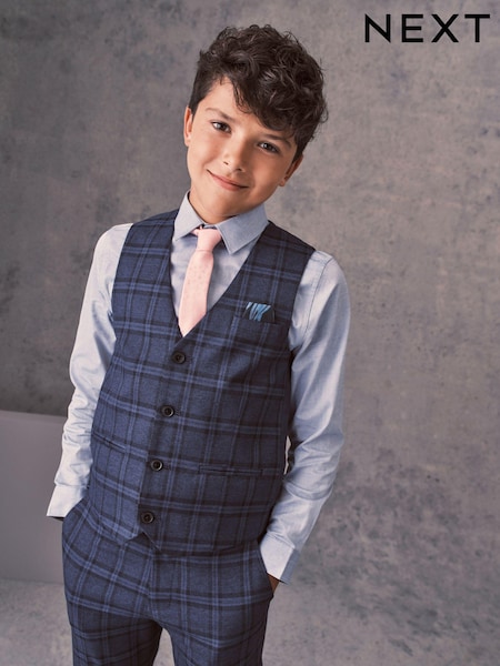 طقم من صدرية زرقاء مربعات وقميص أزرق ورابطة عنق - Waistcoat (12mths-16yrs) (A18319) | ‏191 ر.س.‏ - ‏245 ر.س.‏