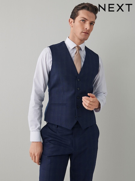 Navy Blue Motion Flex Stretch Check Suit Waistcoat (A20439) | €10