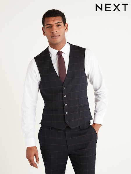 Navy Blue Skinny Fit Wool Blend Check Suit: Jacket (A20441) | €32