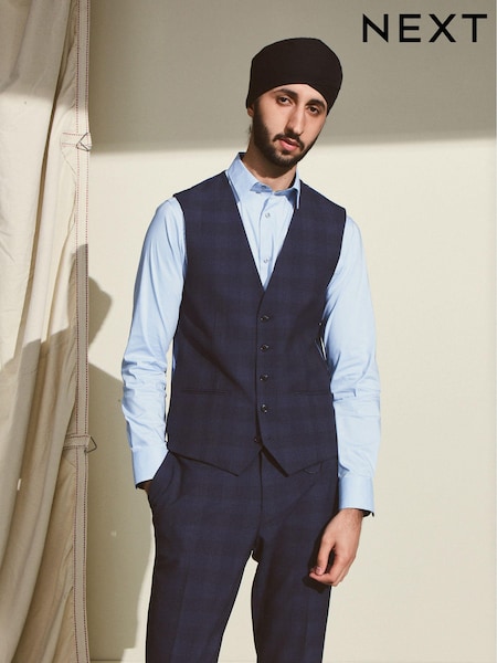 Mid Blue Motion Flex Stretch Check Suit: Waistcoat (A20514) | €15