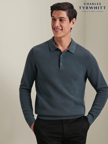 Blue - Regular Charles Tyrwhitt Knit Texture Long Sleeve Cotton Polo Shirt