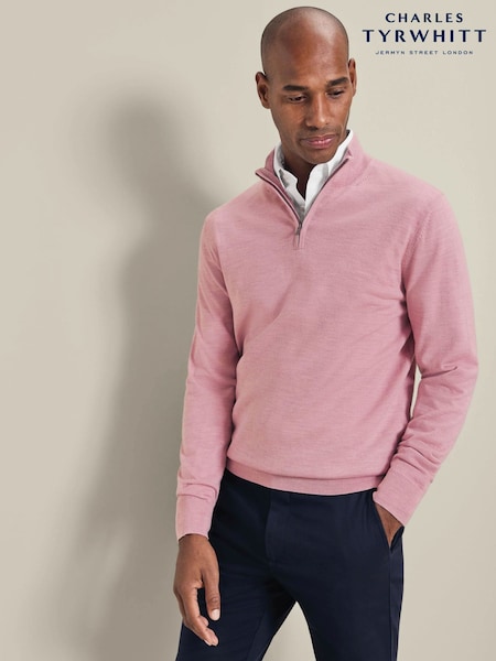 Pink - Regular Charles Tyrwhitt Pure Merino Quarter Zip Jumper
