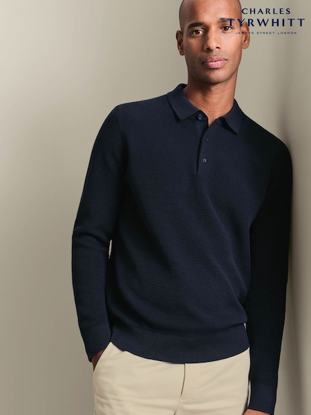Navy Blue - Regular Charles Tyrwhitt Knit Texture Long Sleeve Cotton Polo Shirt