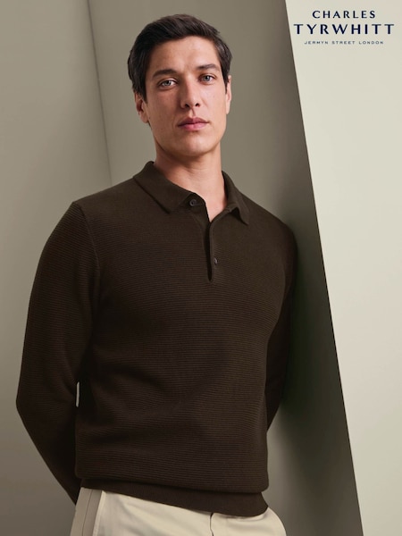 Chocolate Brown - Regular Charles Tyrwhitt Knit Texture Long Sleeve Cotton Polo Shirt