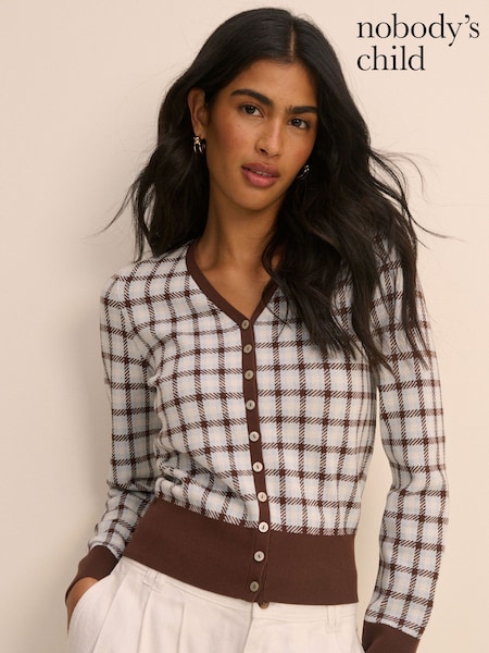 White - Nobodys Child V-neck Check Jacquard Cardigan