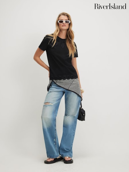 Black - River Island Short Sleeve Embroidered T-shirt