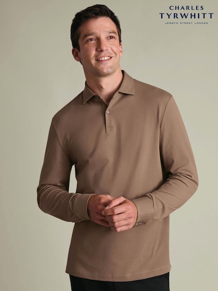Brązowy - Regular Charles Tyrwhitt Long Sleeve Cotton Stretch Smart Pique Polo Shirt