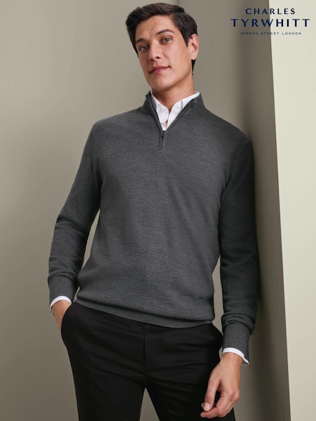 Pelēks - Regular Charles Tyrwhitt Pure Merino Texture Zip Neck Jumper