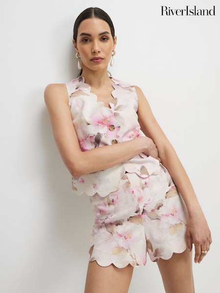 Pink - River Island Floral Print Linen Blend Scallop Hem Shorts