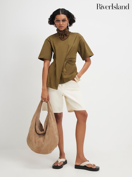 أخضر - River Island Short Sleeve Pleated T-shirt