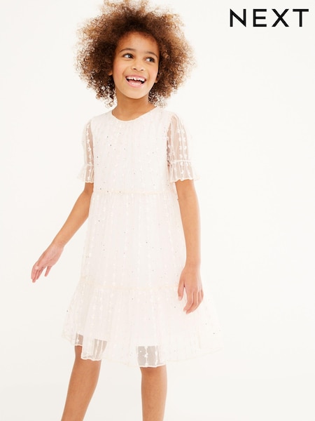 Ivory White Sparkle Mesh Short Sleeve Tiered Party Dress (3-16yrs) (A32583) | €12 - €16