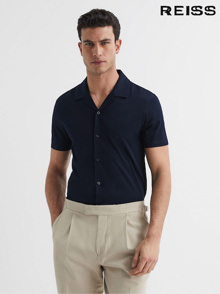 Reiss Navy Caspa Mercerised 100% Cotton Jersey Cuban Collar Shirt (A34576) | €40