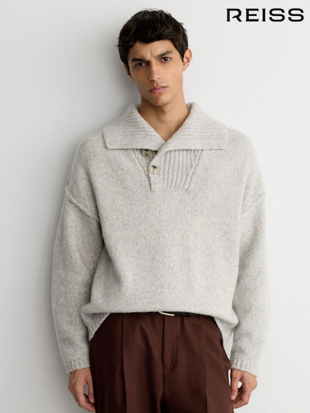 Soft Grey Marl - Regular Reiss Parch Wool-blend Half-button Collared Jumper
