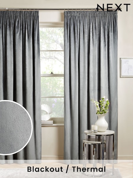 Grey Charcoal Matte Velvet Pencil Pleat Blackout/Thermal Curtains (A37728) | AED231 - AED694