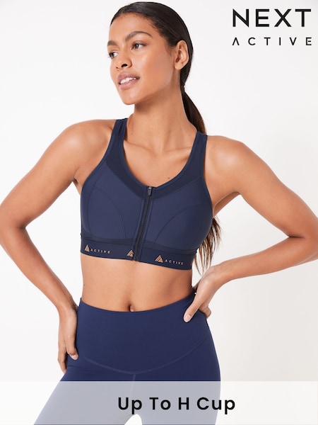 Navy Blue Active Sports Zip Front Dry Tech High Impact Bra DD+ (A38249) | €35