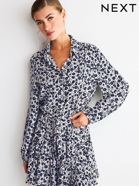 Mornariška modra/bela ditsy cvetlični - Mini Tie Belt Shirt Dress (A38448) | € 15