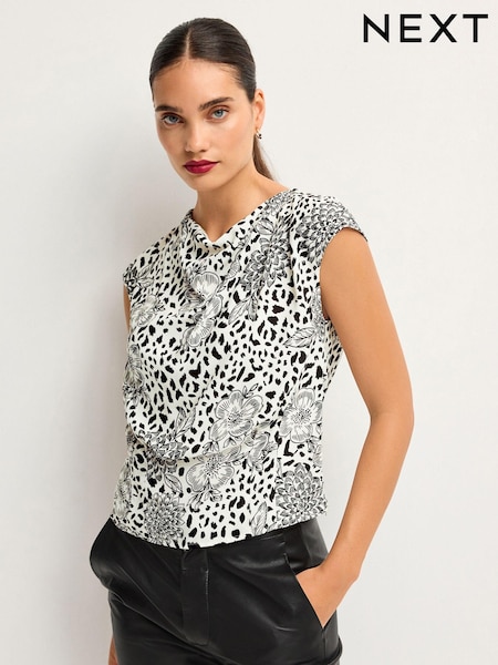 Black/Cream Animal Floral Print Cowl Neck Cap Sleeve Top (A38451) | €6