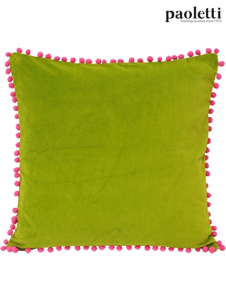 Riva Paoletti Green/Fuchsia Pink Velvet Pom Pom Polyester Filled Cushion (A40578) | 94 QAR