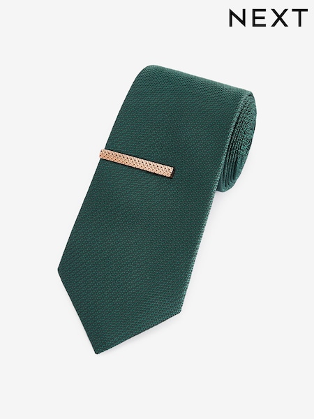 Dark Green Textured Tie And Clip Set (A40868) | 48 QAR