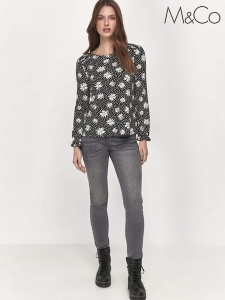 M&Co Black Petite Daisy Shirred Top (A41360) | €8