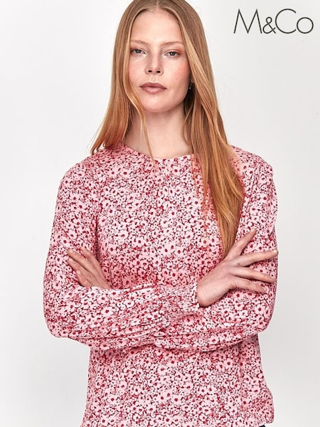 M&Co Womens Pink Ditsy Print Shirred Cuffed Top (A41365) | €10