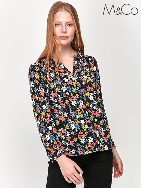 M&Co Womens Black Floral Over The Head Top (A41366) | €10