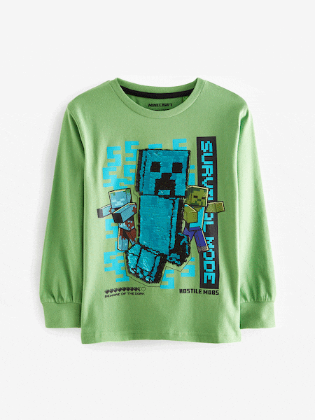 Green Minecraft Creeper Long Sleeve Flippy Sequin T-Shirt (4-16yrs) (A43712) | € 21 - € 28