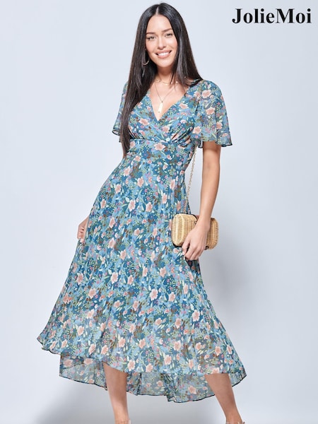 Albastru &Roz Floral - Jolie Moi Pleated Chiffon High Low Maxi Dress (A43833) | 411 LEI