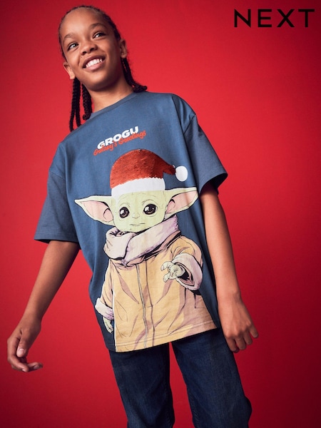Grogu Navy Blue Short Sleeve Christmas T-Shirt (3-16yrs) (A44626) | €8 - €11