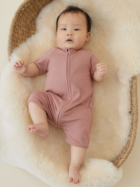 MORI Cotton & Bamboo Short Sleeve Zip-Up Baby Romper (A46699) | R$ 275