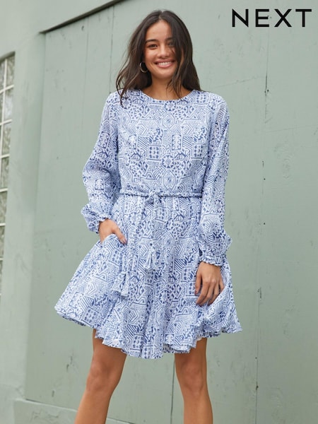 Blue and White Print Textured Mini Dress (A46911) | € 23