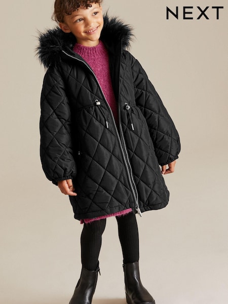 Black Faux Fur Hooded Quilted Padded Coat (3-16yrs) (A49929) | €11 - €13