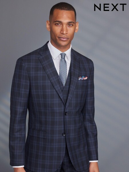 Dark Blue Reguar Fit Signature Empire Mills 100% Wool Check Suit (A52966) | €99