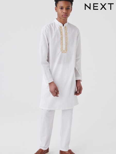 White/Gold Regular Length Embroidered Boys Kurta (3-16yrs) (A54916) | €9 - €13