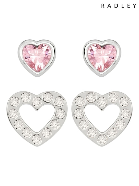 Radley Sterling Silver Pink and Clear Glass Stone Heart Shaped Stud Earrings (A60063) | €50