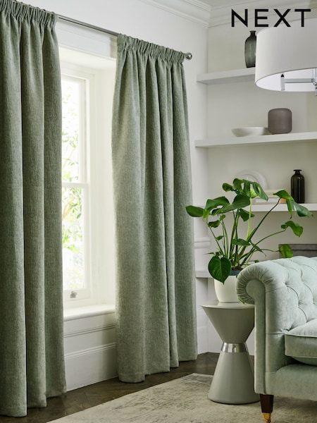 Green Sage Heavyweight Chenille Pencil Pleat Lined Curtains (A60153) | €30 - €77