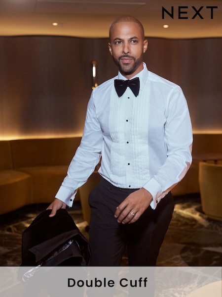 White Pleated Double Cuff 100% Cotton Dress Shirt With Cutaway Collar (A60390) | AED128