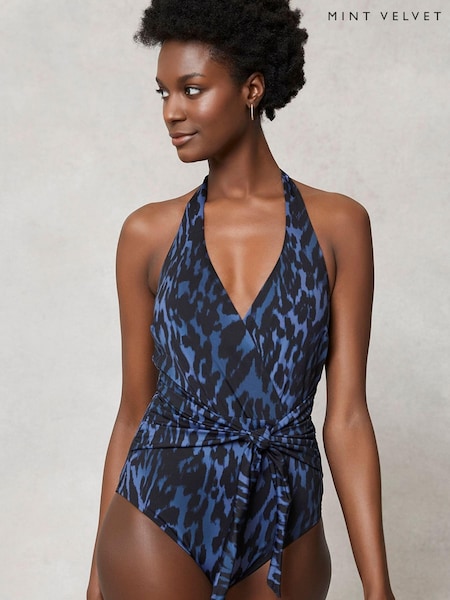 Mint Velvet Navy Blue Animal Tummy Control Plunge Swimsuit (A61241) | €19